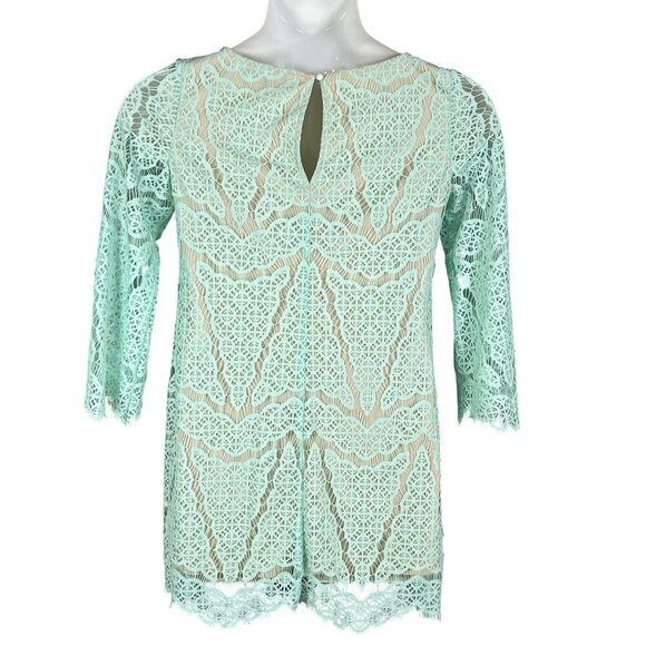 Maia Women 4 Kelly Green Dress Lace Overlay 3/4 Sleeve Nude Lining Scalloped Hem - Picture 2 of 16